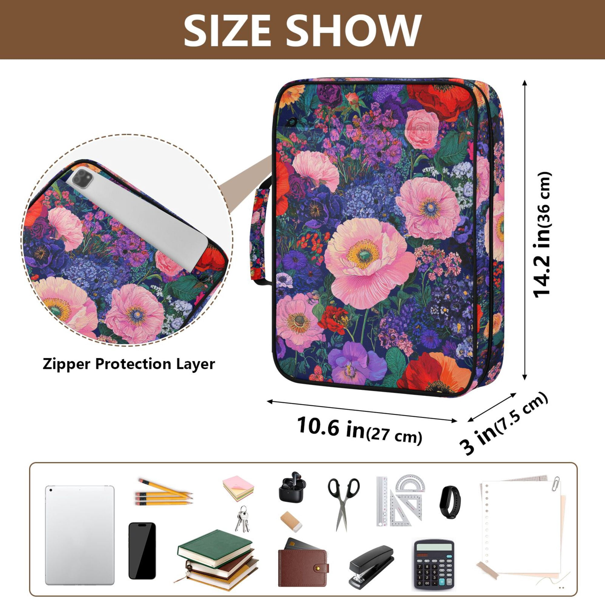 FORMRS Accordion File Folder A4 Size 7-Pocket Expanding Document Organizer Bag with 3 Ring Binder, Beautiful Floral Pattern