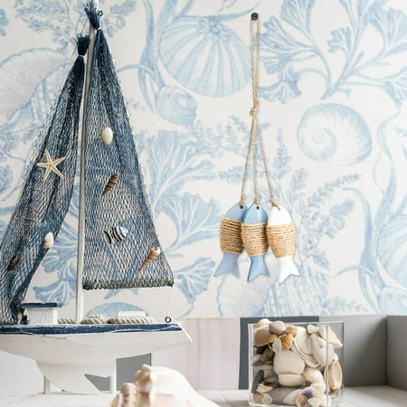 

2PC Home Decor Fish Skewer Wooden Curtain Decoration Fishing Net Background Marine Pendant Room Decor Wall Bedroom