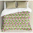 thumbnail image 1 of Banana Leaf Queen Size Duvet Cover Set, Botanical Concept Tropical Fowers and Foliage Striped Banana Leaves, Decorative 3 Piece Bedding Set with 2 Pillow Shams, Lime Green and Magenta, by Ambesonne, 1 of 3