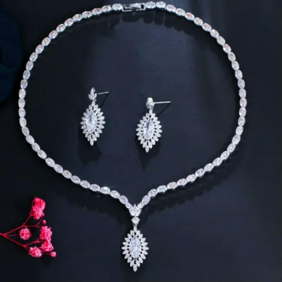 Classy Silver Plated CZ Leaf Drop Necklace Earring Set for Women Costume Jewelry