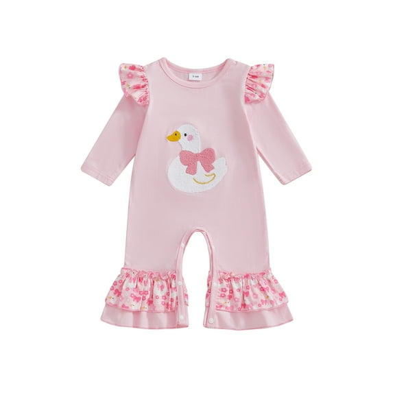 Miaouyo Infant Baby Girls Fall Romper 0 3 6 12 18 Months Goose Embroidery Long Sleeve Round Neck Full Length Jumpsuit