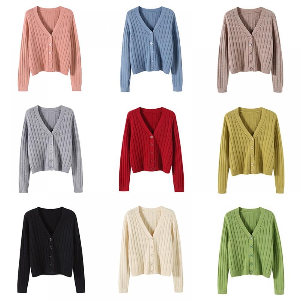 Women's Button Down Cardigan Long-sleeved Sweater V-Neck Knit Cropped Cardigans - image 2 of 2