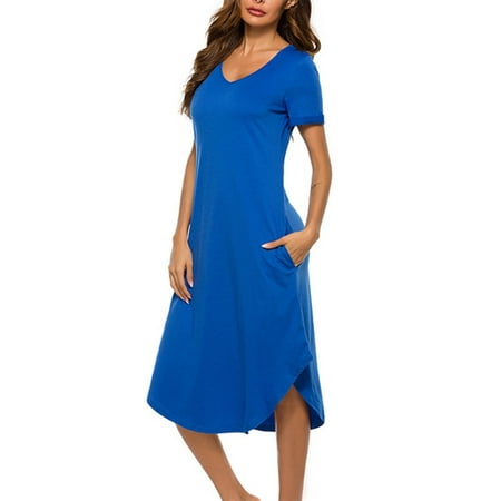 

Avamo Basic V-neck Nightgown Casual Short Sleeve Solid Color Sleepwear Loose Comfy Homewear Pajama Dress