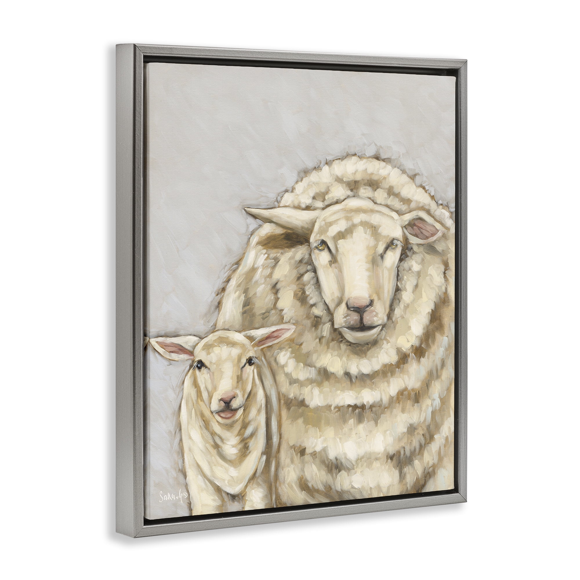 Stupell Industries Neutral Sheep & Lamb Animals & Insects Painting Gray Floater Framed Canvas Art Print Wall Art, 17 x 21