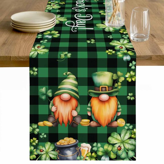 St. Patrick's Day Table Runner - 120 Inch Long Cute Gnomes Lucky Shamrocks Green Black Plaid Cotton and Linen Blended Dress Scarves Farmhouse Table Runner for Kitchen Dining, Coffee Table, 13" x 120"