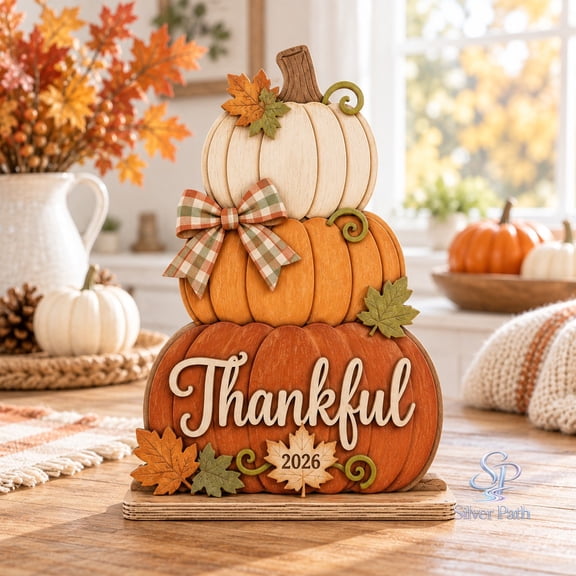 Thankful Pumpkin Wooden Block 2 Layer, Maple Leaf Tabletop Accent for Thanksgiving