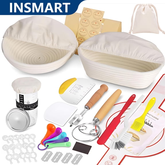 INSMART 53 Pcs Sourdough Starter Kit with 9" Round & 10" Oval Banneton Proofing Baskets, 24oz Sourdough Starter Jar, Bread Lame for Bread Making, Proofing & Baking