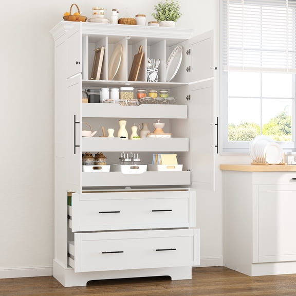 Euroco 72.6" Tall Kitchen Pantry Cabinet, Farmhouse Freestanding Food Pantry with 4 Doors,2 Drawers,Pull-out Trays and Cake Pan Storage Organizer, Storage Cabinet for Dining Room,White