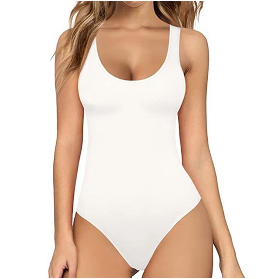 FRSASU One-Piece Women Round-Neck Sleeveless Solid Shapewear Bodysuit Jumpsuits White XL(XL)