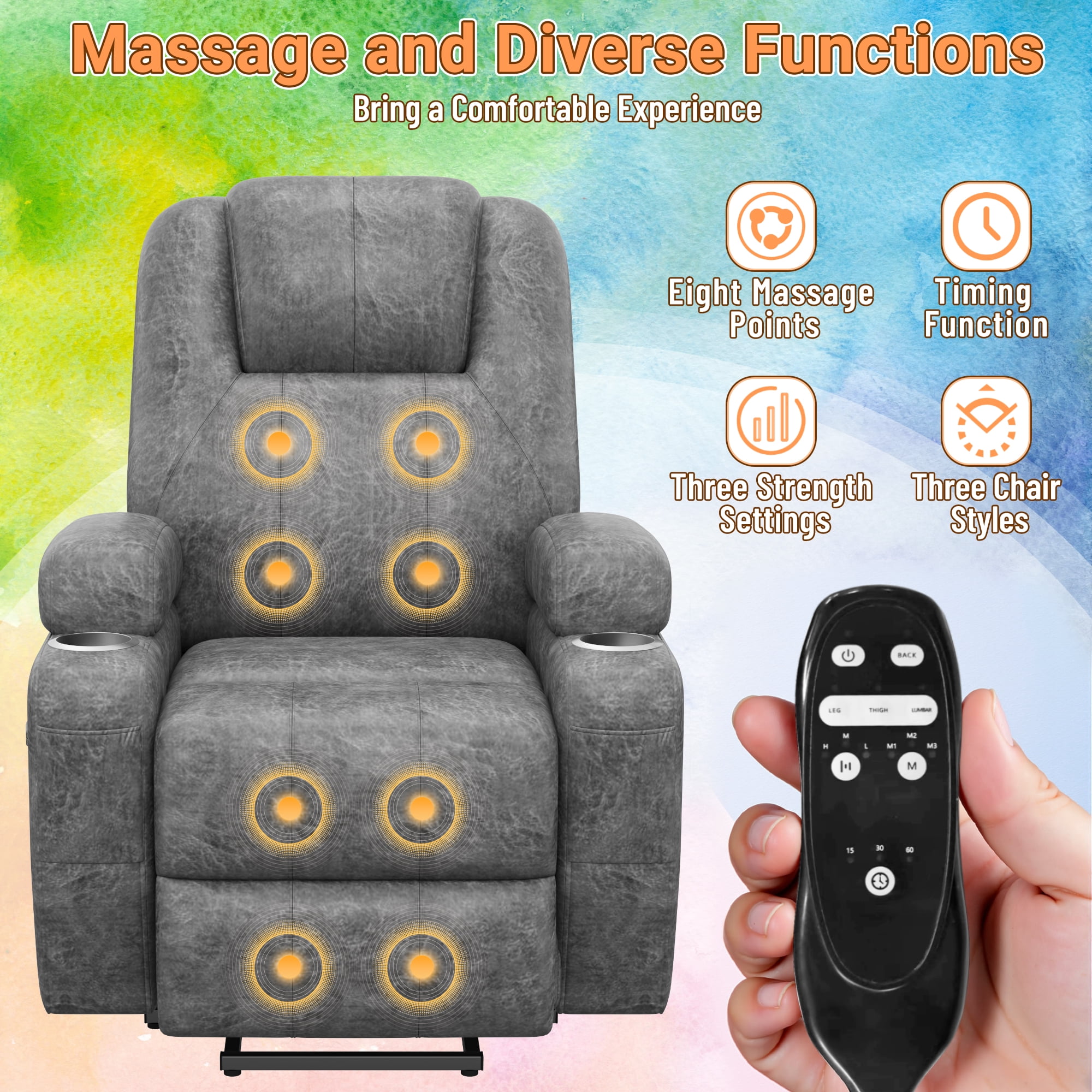 Vineego Power Lift Recliner Chair with Massage - Remote Control, Leathaire Fabric, Cup Holders for Elderly & Home Theater,Gray