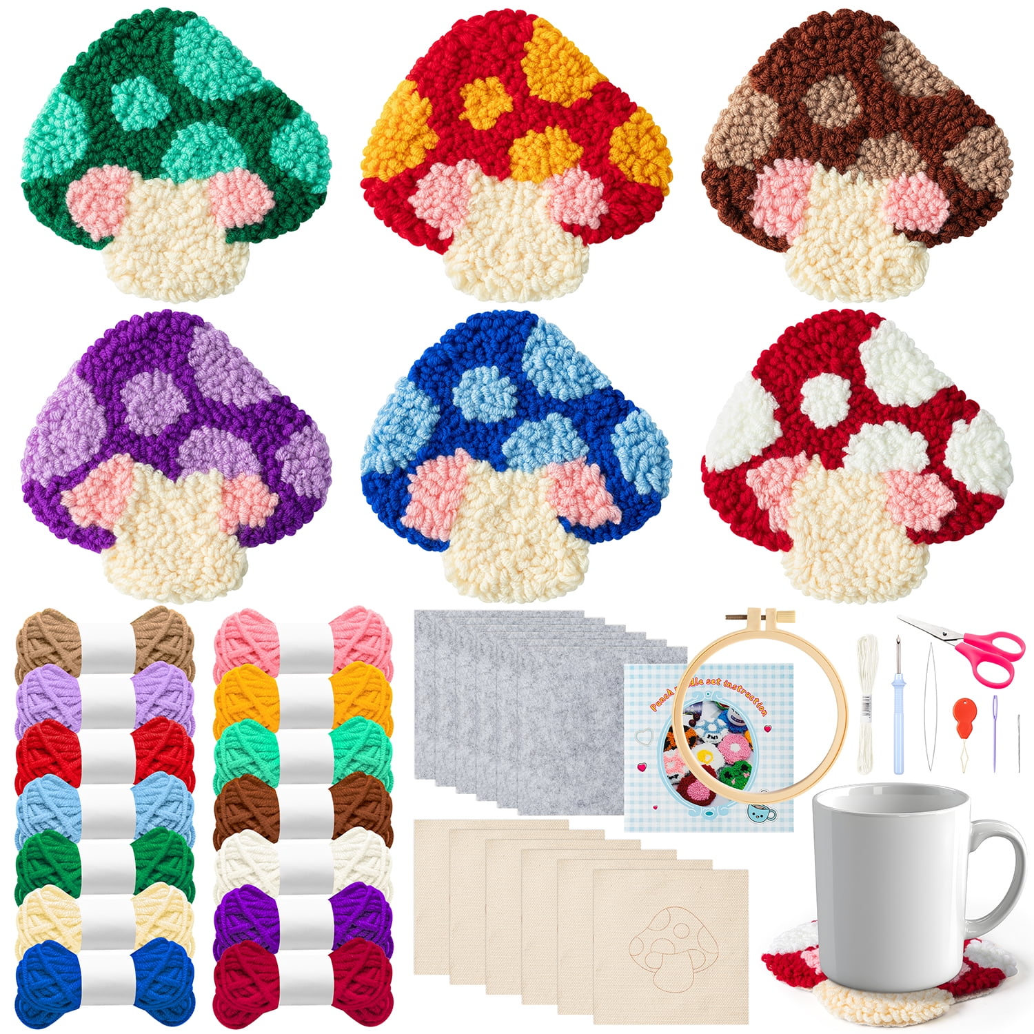 Belanttega Mushroom Theme DIY Punch Needle Coaster Kit - Create 6 Colorful Mushroom Coasters, Complete 22-Piece Craft Set with Hoop, Fabric, Yarn & Tools for Beginners Home Decor Gift