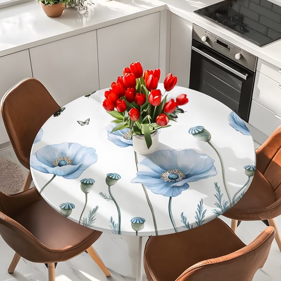 Blue Flower Elastic Fitted Round Tablecloth Watercolor Summer Tropical Waterproof Outdoor Table Cover for Holiday Party, Picnic, Patio & Dining Fits Tables Up to 36"-44"
