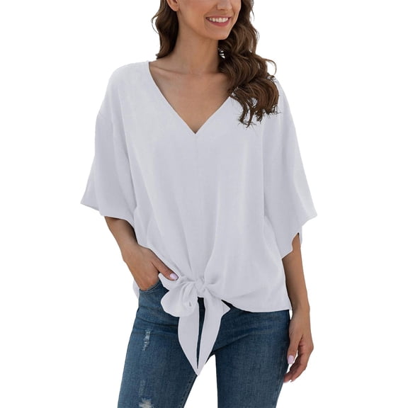 QASIEATN Women's Trendy Essentials Clothing: Elegant Solid Strap Casual Loose V Neck Short Sleeve T Shirt Fall Fashion Outfits for Women