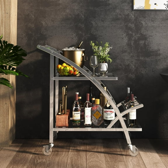 Bar Cart, 2-Tier Chrome & Glass Serving Cart with Wheels, Modern Home Bar Serving Cart for Kitchen, Living Room, Dining Room with Drink Storage & Wine Rack