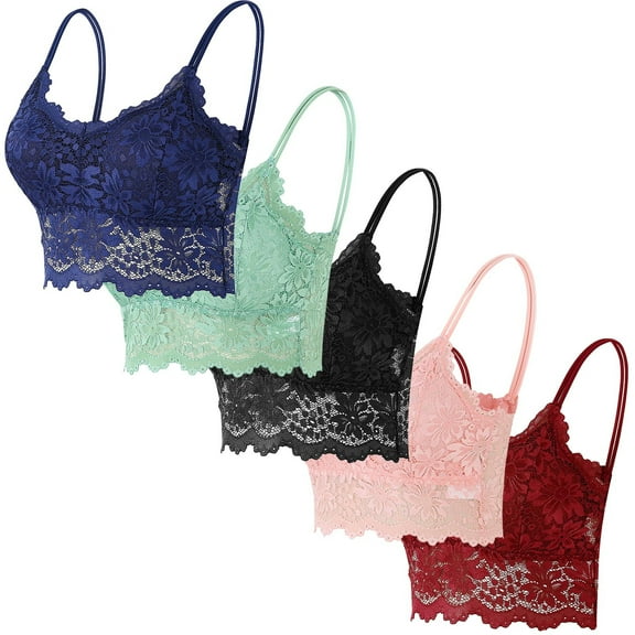 jobturf 5 Pcs Bras for Women Trendy Lace Trim Camisole Bandeau Top Everyday Full Coverage Bralettes No Underwire Spaghetti Strap T Shirt Bra Multipack