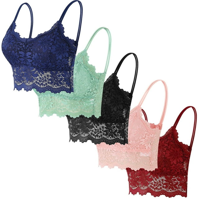 5 piezas de sujetador de encaje con tirantes sólidos y huecos para mujer, ropa interior de poliéster