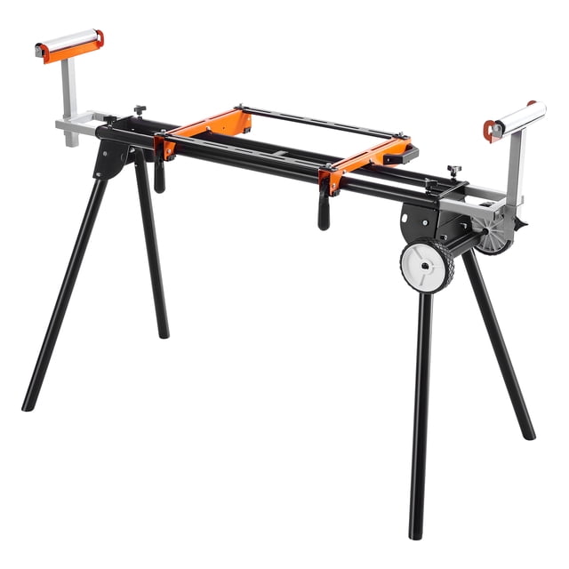 VEVOR Miter Saw Stand with a 550 lbs load capacity, constructed from durable steel. Features a collapsible design with foldable legs and wheels for portability. Includes adjustable support arms for accommodating various material sizes and angled cuts. Compatible with most miter saws, offering stability and precision with its square mounting bracket and one-piece clamp. Shown in a front-facing view on a white background.