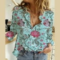 thumbnail image 2 of KALE V Neck Long Sleeve Shirts for Women Flower Print Button Down Shirt Casual Floral Graphic Blouses Tops Business Casual Tops Blue, 2 of 4