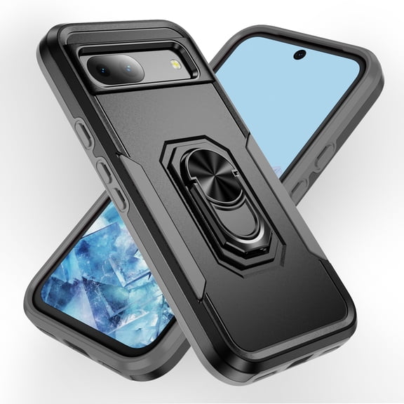 Allytechgroup for Google Pixel 8A Case Cover, with Ring Holder Stand Hybrid Rugged Protective Shockproof Bumper Phone Case for Google Pixel 8A - Black