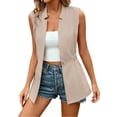 thumbnail image 2 of Women Long Vests Blazer Jackets Button Front Notch Lapel Elastic Waist Mid Length Sleeveless Waistcoat for Business Casual Beige Tunic Hoodies for Women Zip Up XL, 2 of 8