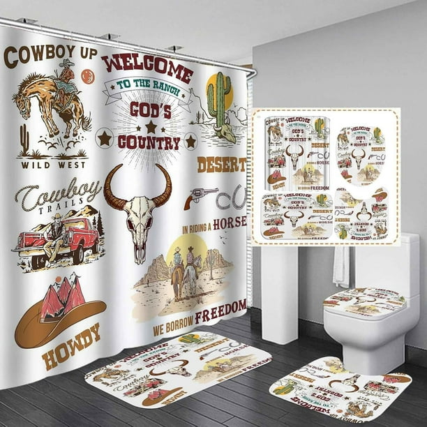 Juego de 4 cortinas de ducha occidentales, rodeo, vaquero, caballo, semental, animal, botas de herradura, sombrero, rancho, salvaje oeste, rústico, casa de campo, marrón, decoración de baño, alfombra