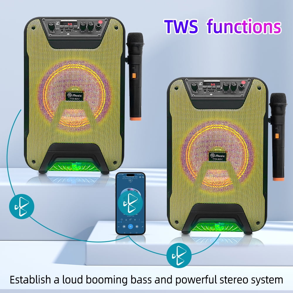 8" Subwoofer PA System Bluetooth Speaker - Portable Trolley, Wireless Voice Changer Mic, Party LED Lights, TWS, 4-5H Battery, for Karaoke/Parties/Lectures/Indoor/Outdoor