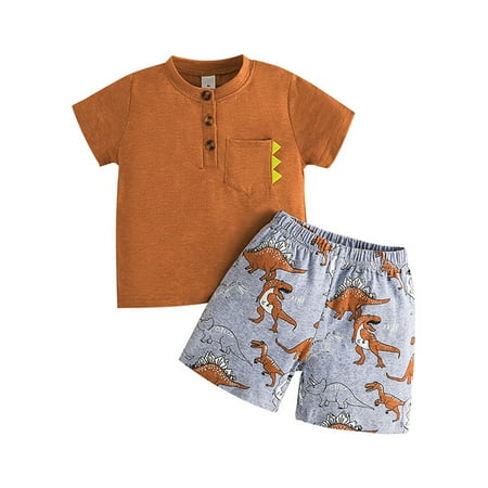 

B91xZ Baby Boy Outfit Toddler Boys Short Sleeve Cartoon Dinosaur Prints T Shirt Tops Shorts Child Kids Gentleman Outfits Orange Size 12-18 Months