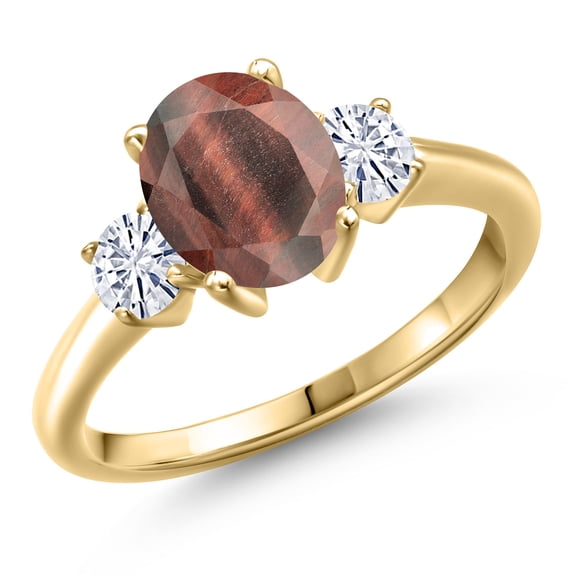 Gem Stone King 10K Yellow Gold Red Tiger Eye and White Moissanite Engagement Ring for Women | 1.96 Cttw | Oval 9X7MM | Gemstone Birthstone | Size 5