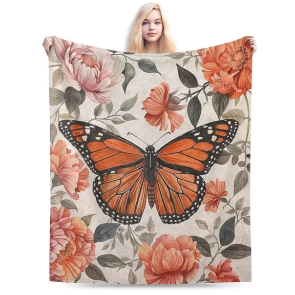 Butterfly and Flowers Throw Blanket, Blanket with Monarch Butterfly and Floral Print 50x40