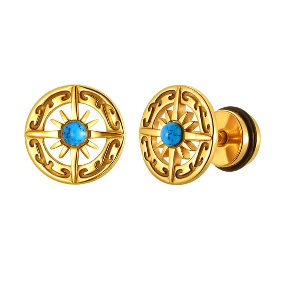 Vnox Stainless Steel Turquoise Compass Earrings for Men, Gold Plated Round Studs with Retro Pattern, Mens Fashion Jewelry