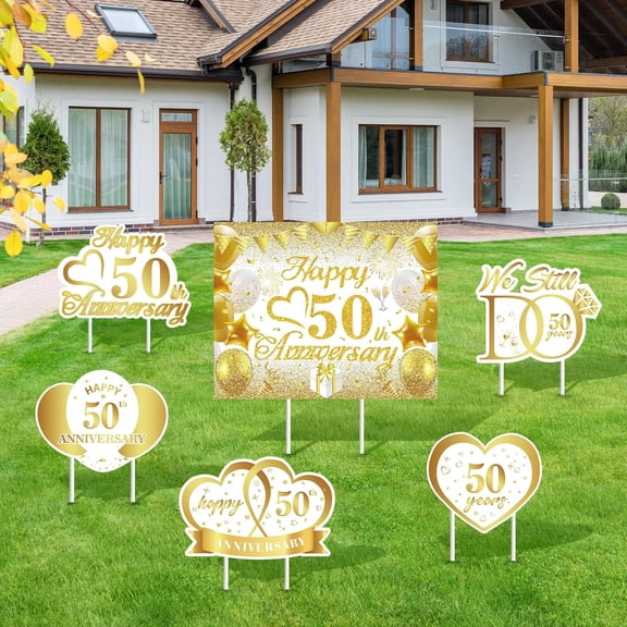 6pcs Happy 50th Anniversary Wedding Yard Sign Decorations Outdoor, White Gold Lawn Yard Sign with Stakes and for Married 50 Years Men Women Wedding Birthday Decor Outdoor Party Supplies