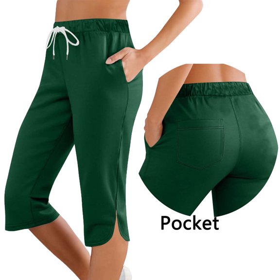 JUSLIO Womens Capris with Pockets Elastic, Waist Drawstring Workout Casual Split Hem Capri Pants