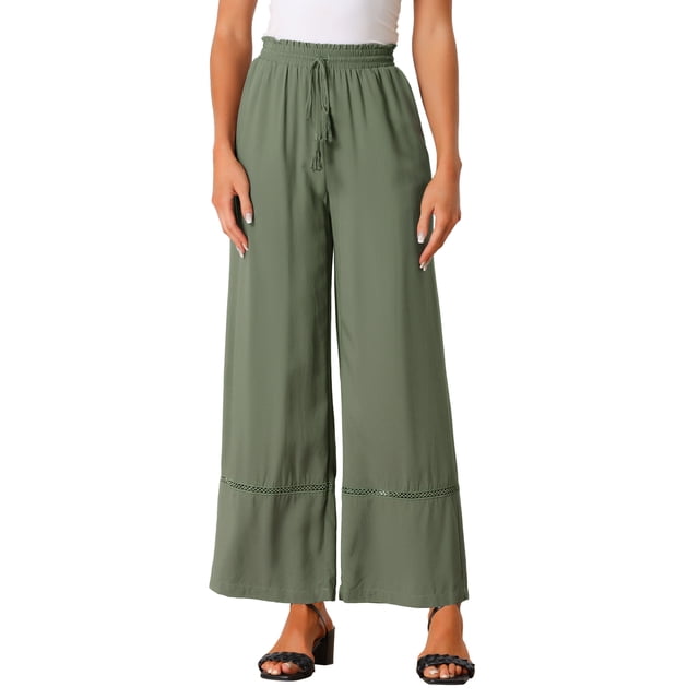 Pantalones de pierna ancha para mujer INSPIRE CHIC con cordón elástico en la cintura alta, estilo boho, palazzo con bolsillos, talla XS, color verde militar