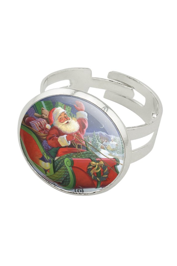 Christmas Holiday Santa Merry Sleigh Ride Silver Plated Adjustable Novelty Ring