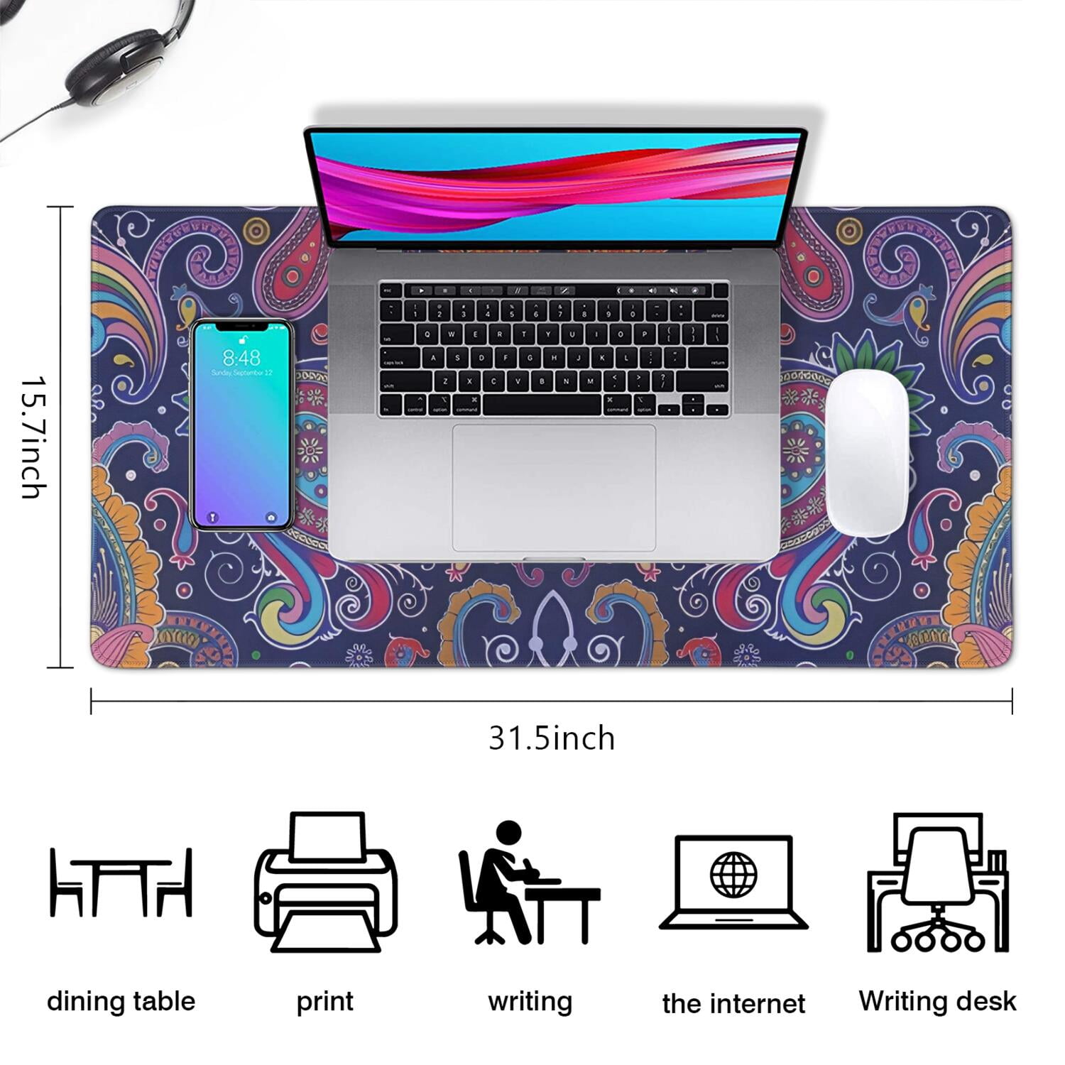 Long Mouse Pads for Desk,Multicolor Ethnic Paisley Pattern Desk Mats on Top Of Desks, Desk Mouse Pad Extra Large with 3mm Non-Slip Base and Stitched Edge for Gaming,Office,Work,Home 31.5"x15.7"