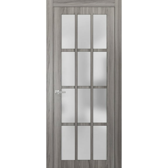 Solid French Pre-Hung Door Frosted Glass 12 Lites | Felicia 3312 Ginger Ash | Single Regural Panel Frame Trims Handle | Bathroom Bedroom Sturdy Doors -18" x 84"