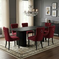 Sumdeal's 5- or 7-piece modern dining set includes a black woodgrain MDF dining table and 4 or 6 velvet high-back chairs, perfect for dining rooms, kitchens, and home decor.