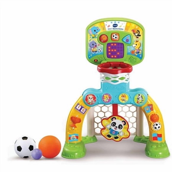 VTech Centre Sportif 3-en-1, Jouet Interactif pour Bébé avec Couleurs et Sons, Apprentissage par Jeu de Rôle, Convient aux Bébés Garçons et Filles de 12 à 36 Mois (Jaune/bleu), Version Anglaise, 66x58x44 cm