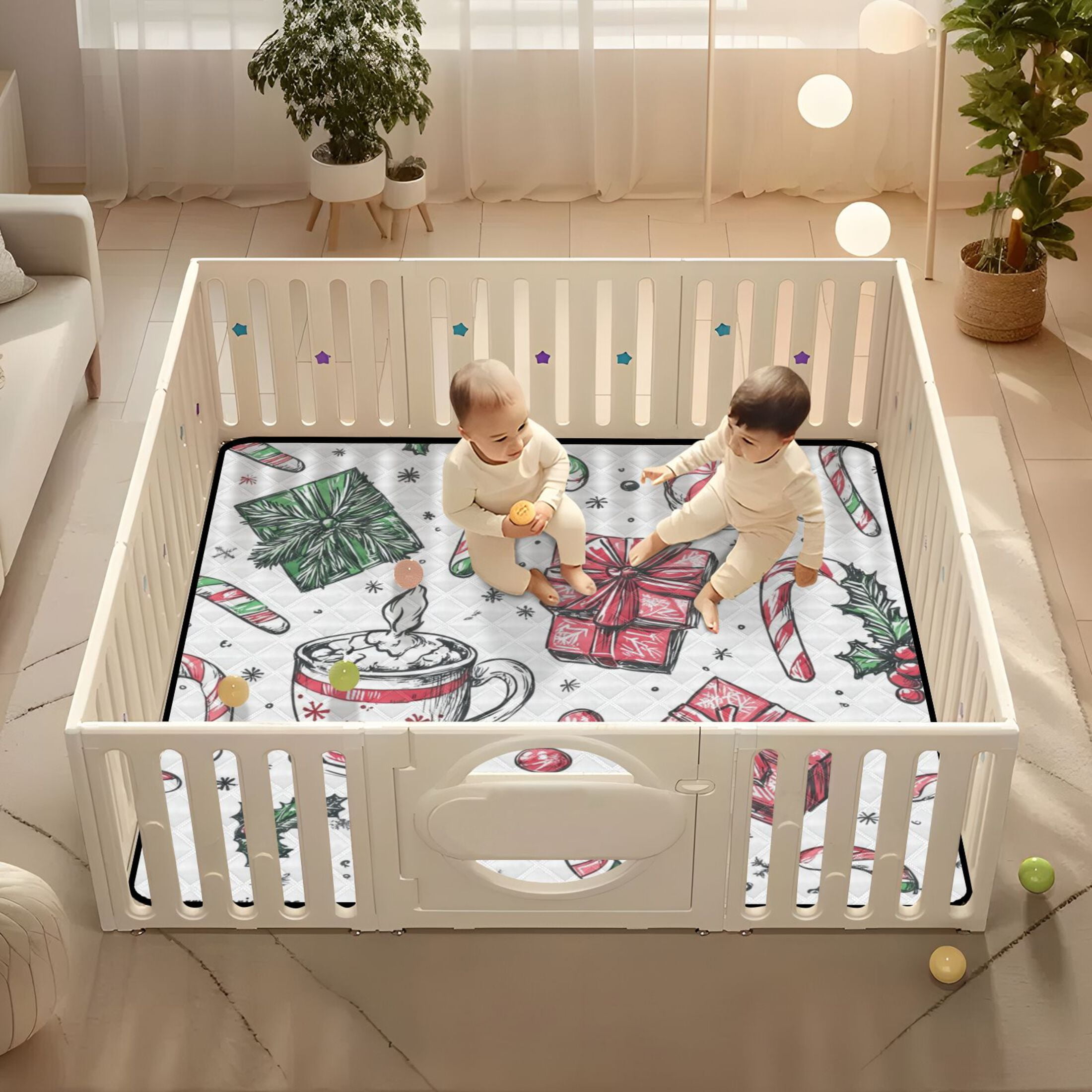 WOBOGO Christmas Pattern with Candy Canes Baby Playmats Extra Large Waterproof Rollable Activity Pads for Toddlers 50×50inch
