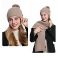 thumbnail image 4 of Xfvqtps Women Hat Scarf Glove Set Knit Plush Pompom Solid Color Touchscreen Winter Warm Stretchy Extended Beanie Neck Warmer Gloves Set Khaki, 4 of 5