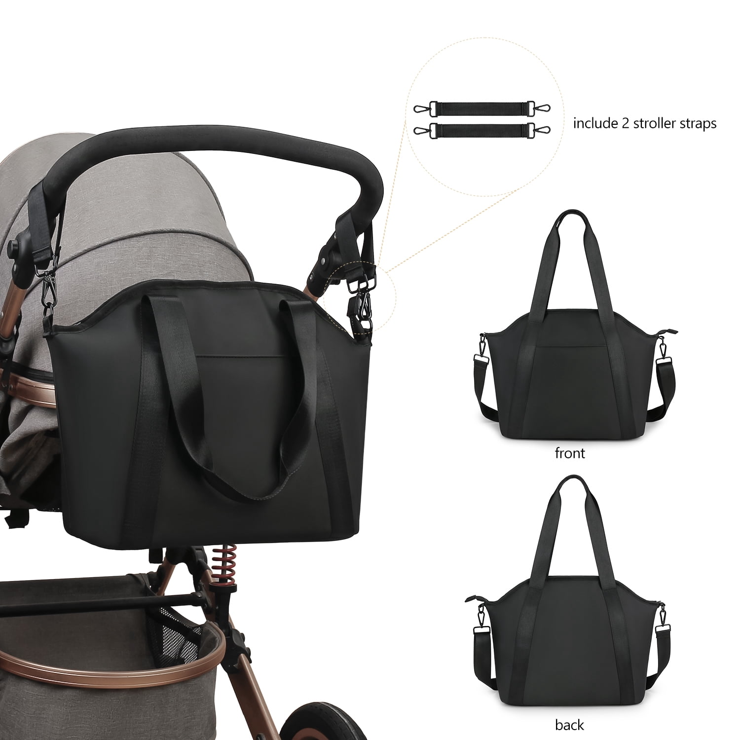 Diaper Bag Tote for Women Stylish Baby Bag Black PU Messengers Bag with Wet Bag,Stroller Hooks