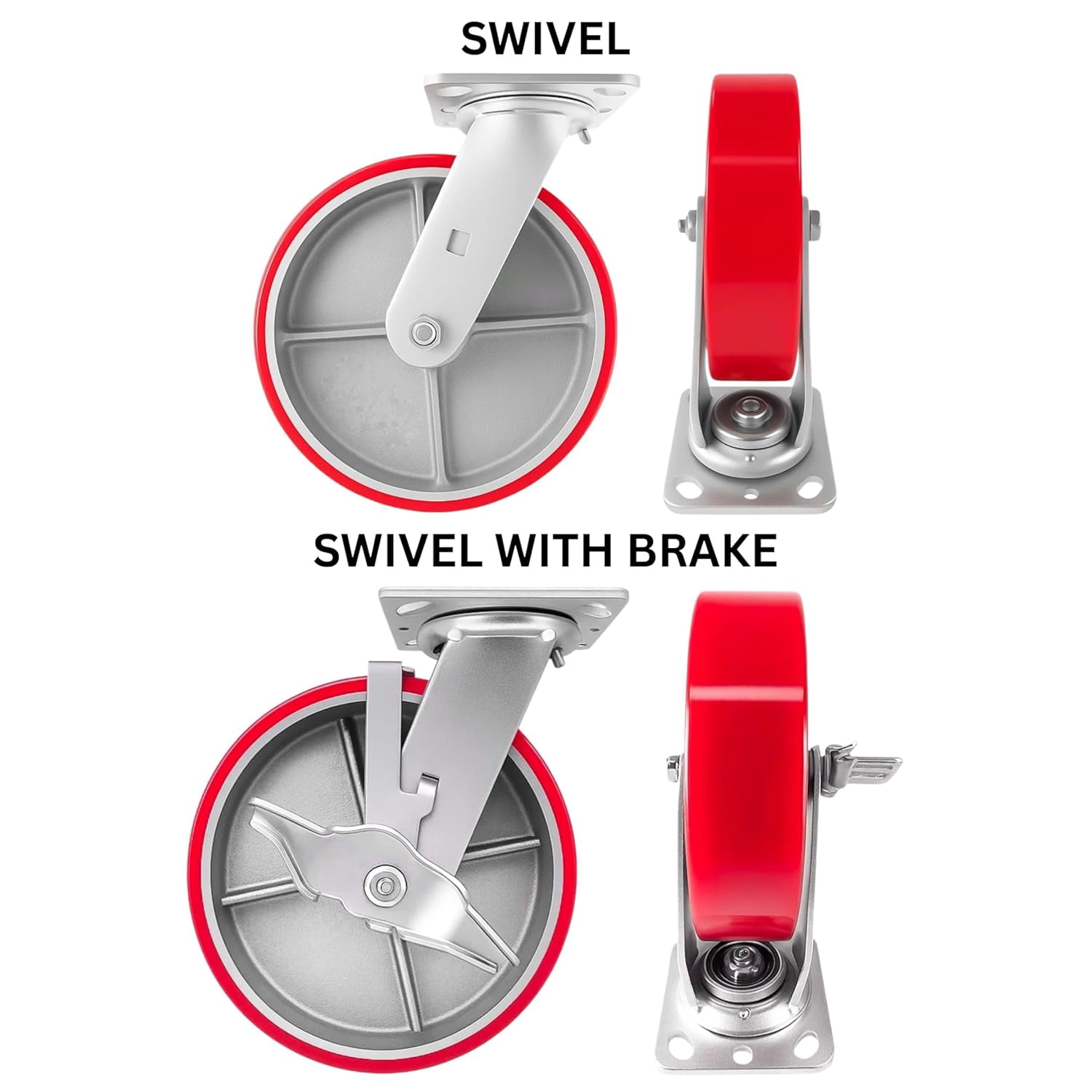 4 Heavy Duty Caster Set 8" Red Polyurethane on Cast Iron Wheels - 2 Swivel + 2 Swivel with Brake
