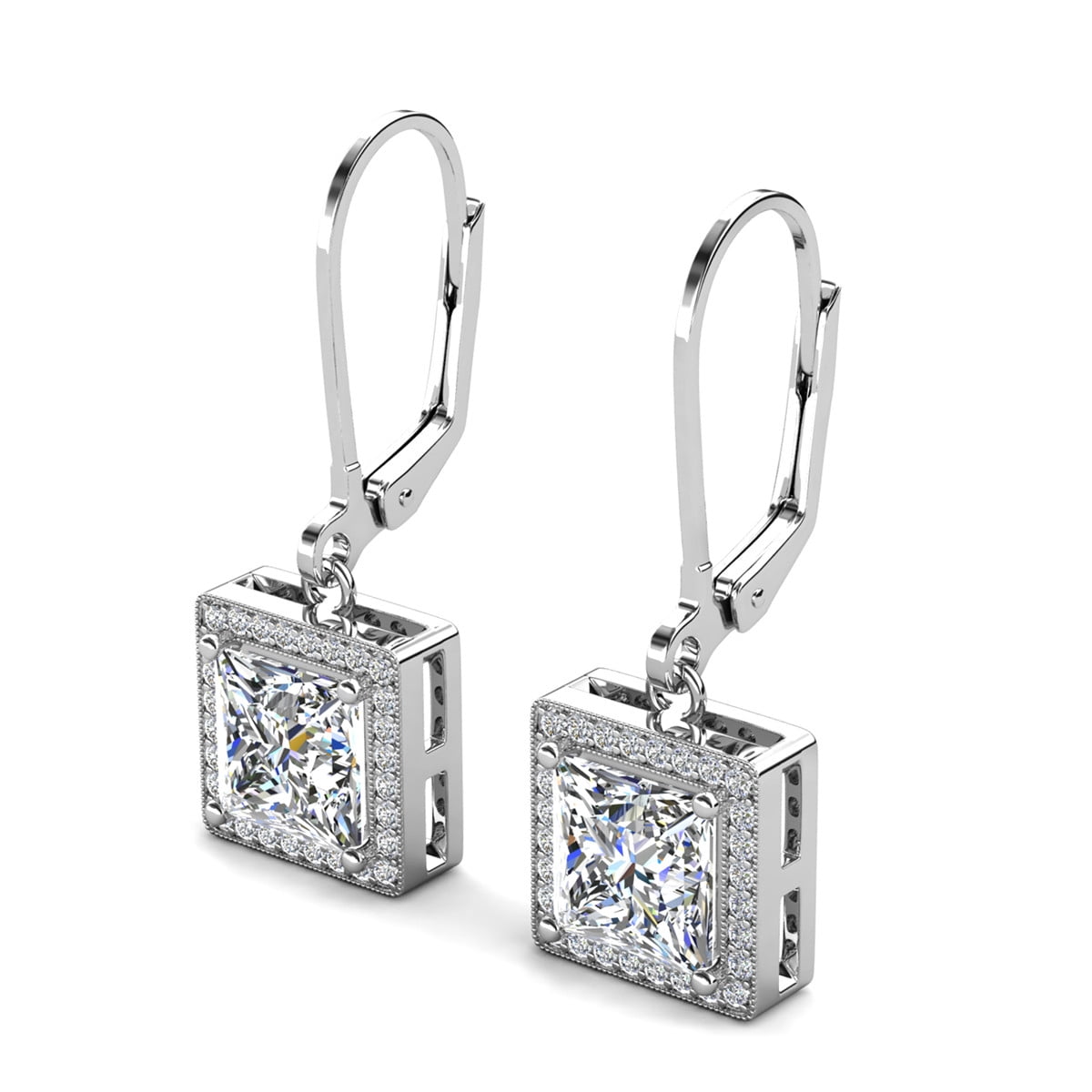 Cate & Chloe Maeve 18k White Gold Plated Drop Dangle Halo Earrings with Simulated Diamonds for Women