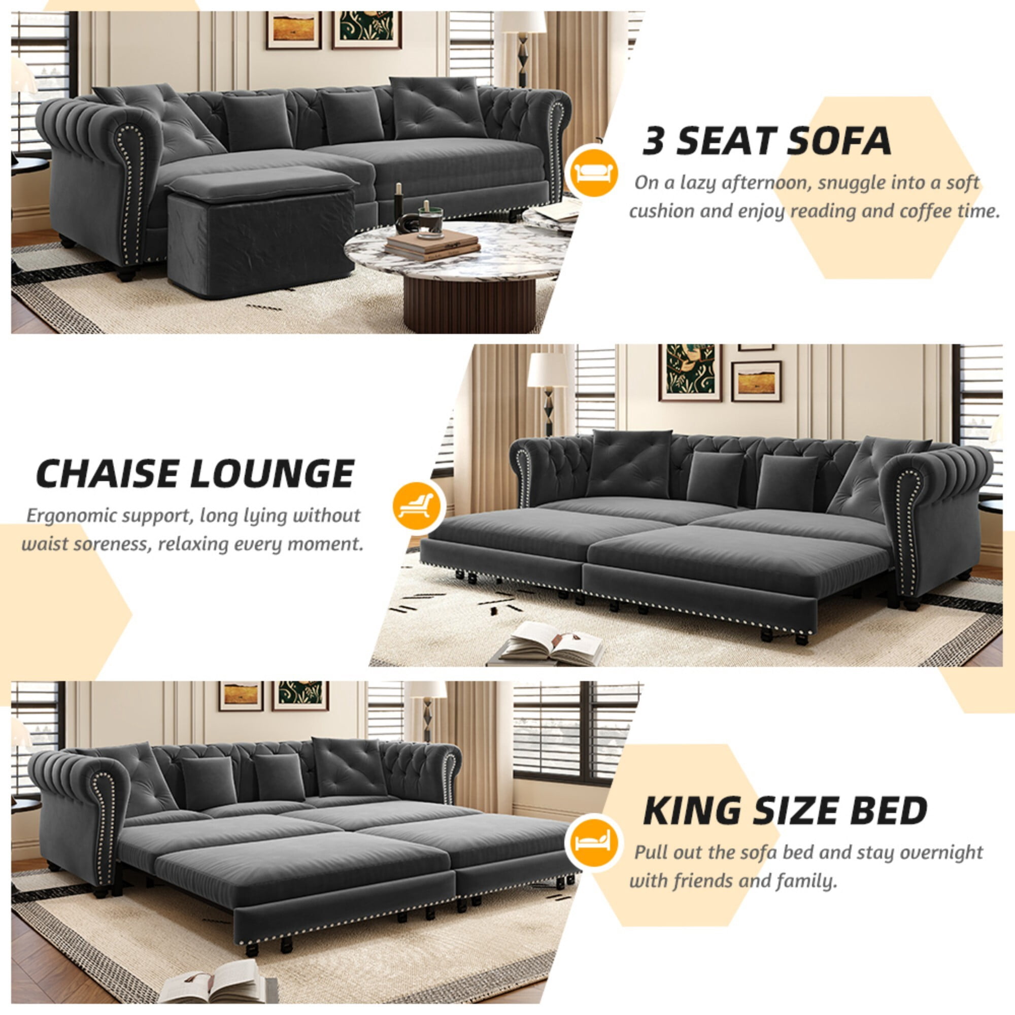DEALTOPS 89" Velvet King Size Pull-Out Sofa Bed, 3-in-1 Convertible Sleeper Sofa with Ottoman & 4 Pillows, Gray