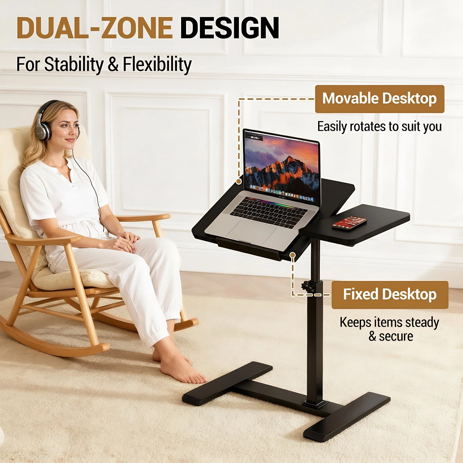 Ataucjin Adjustable Height Rolling Laptop Desk, Mobile Overbed Computer Table with Durable Metal Frame & Tilting Tabletop, Mobile Overbed Workstation for Home, Office, Couch, or Hospital
