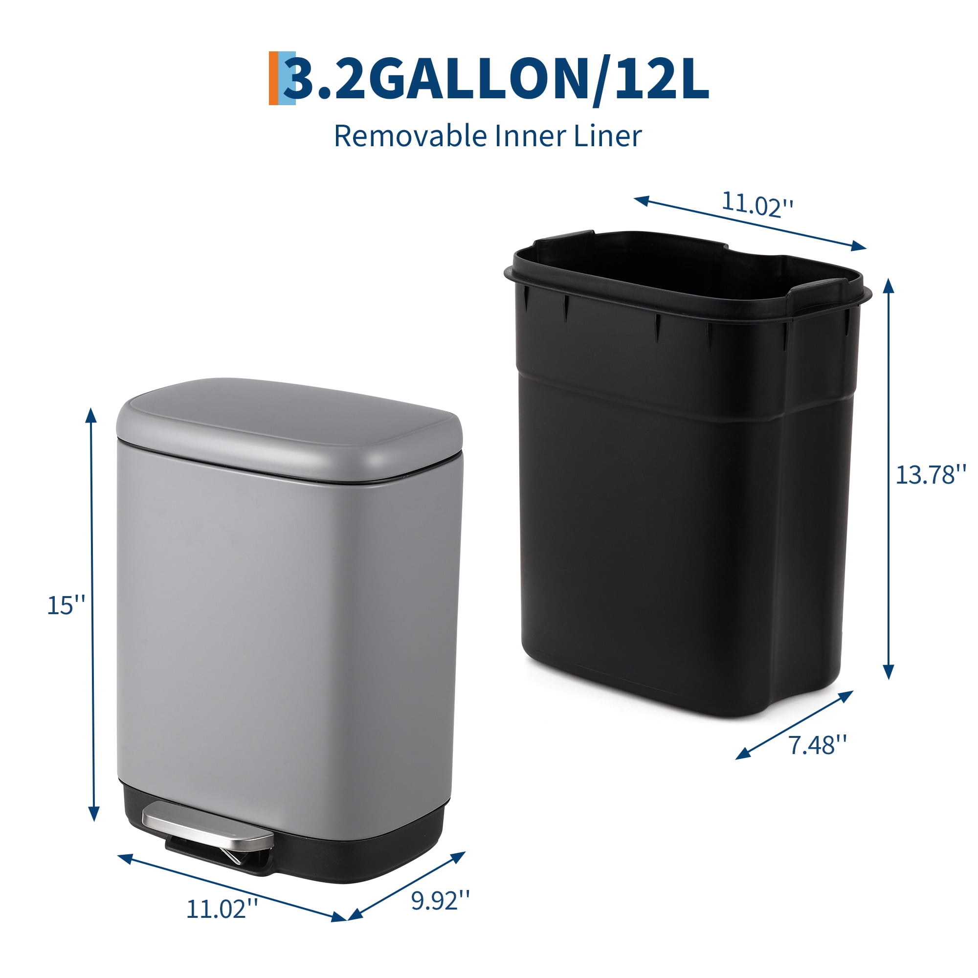 Stainless Steel Trash Can, 3.2 Gallon Lid, Soft Closing Pedal, Fingerprint Resistant, Durable, Suitable for Kitchen Bathroom Trash Can