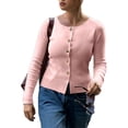 thumbnail image 2 of Women's Crewneck Long Sleeve Button Down Knit Cardigan Sweater Pink S, 2 of 7