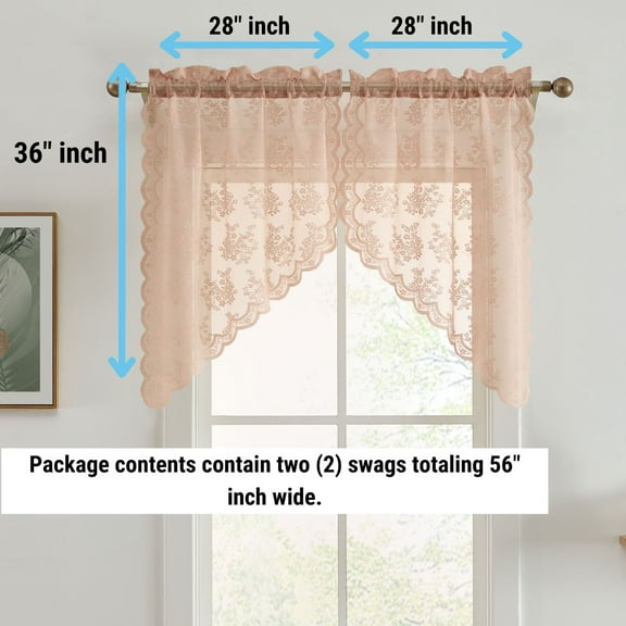 THD Joelle Floral Rod Pocket Lace Short Cafe Swags for Small Windows - 28 x 36 Inch Length (Blush Pink Swags, Set of 2)