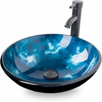 Modern Elegant Glass Dark Blue Bathroom Vessel Sink Faucet Pop UP Combo Set