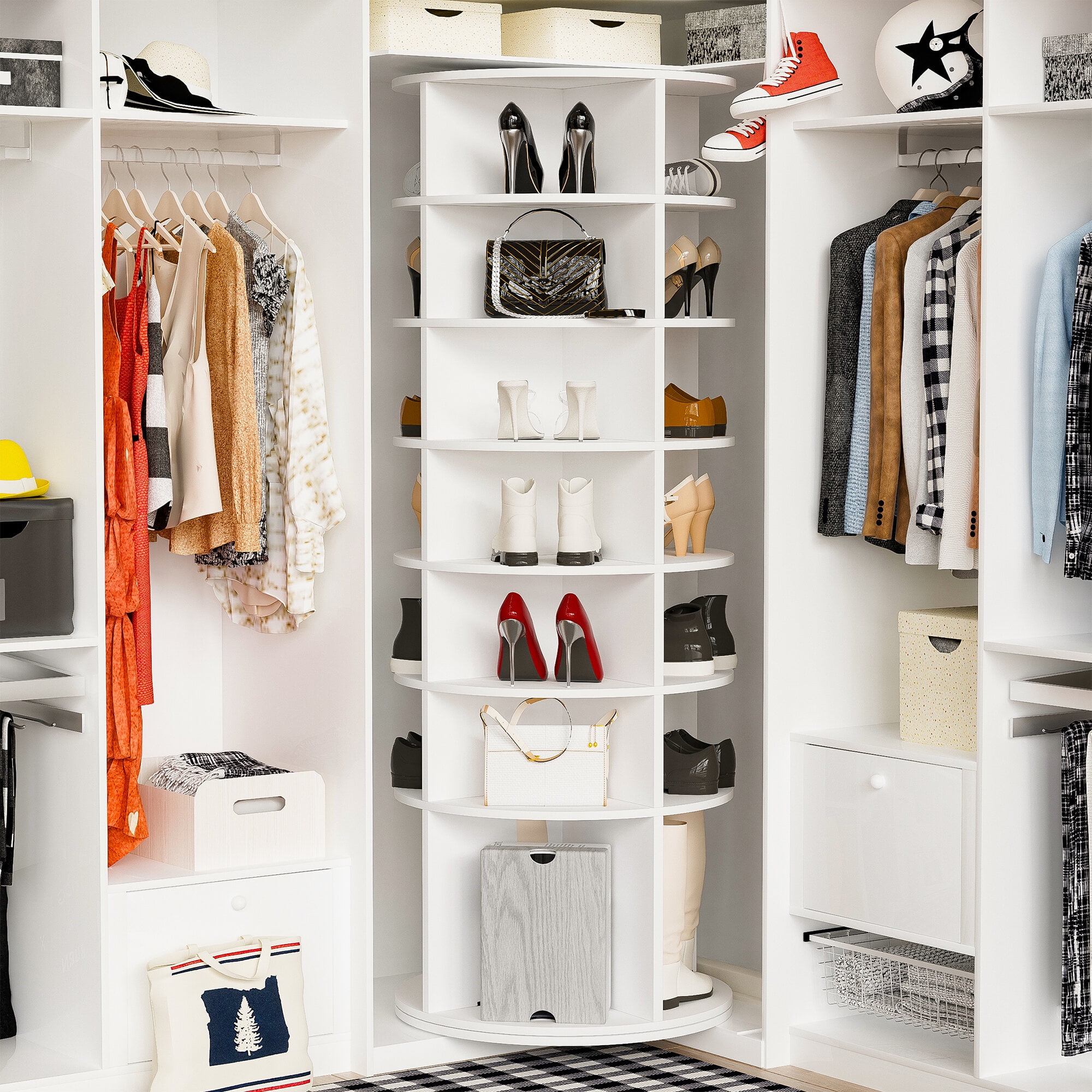7-Tier Rotating Shoe Rack Tower, 360° Spinning Shoe Organizer Holds 28 Pairs, 23.62" X 23.62" X 72.44" White Free-Standing Shoe Storage Cabinet